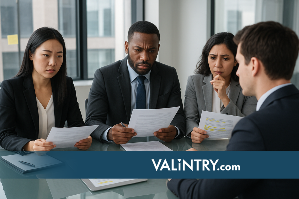 Diverse hiring team reviewing accounting candidates for red flags with the help of accounting recruiting firms- VALiNTRY