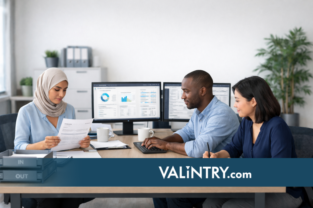 Diverse accounts payable team discussing job duties and responsibilities with financial dashboards visible on office monitors