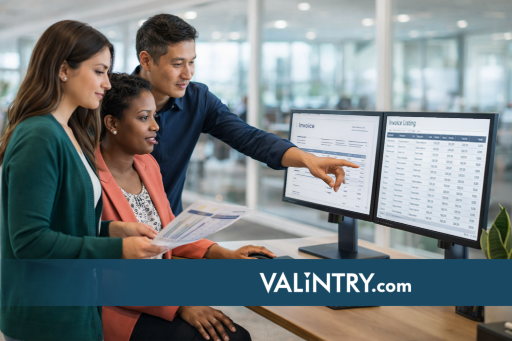 Diverse accounts receivable team collaborating on invoice review with dual monitors displaying AR reports in modern office environment