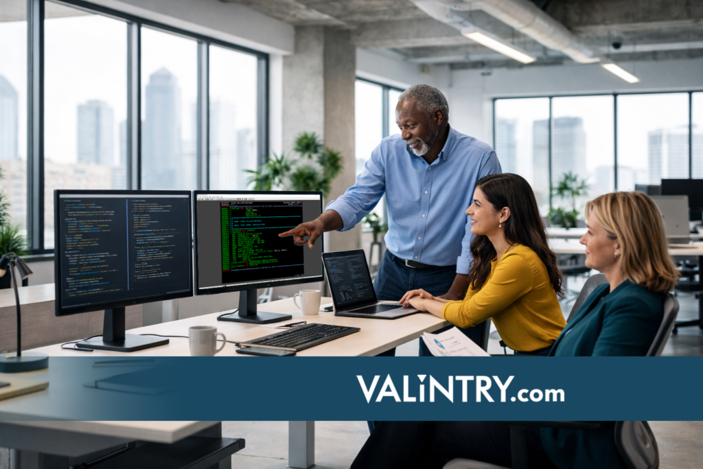 Diverse technology professionals reviewing COBOL and AI code modernization workflows on dual monitors in a modern open-plan office — VALiNTRY