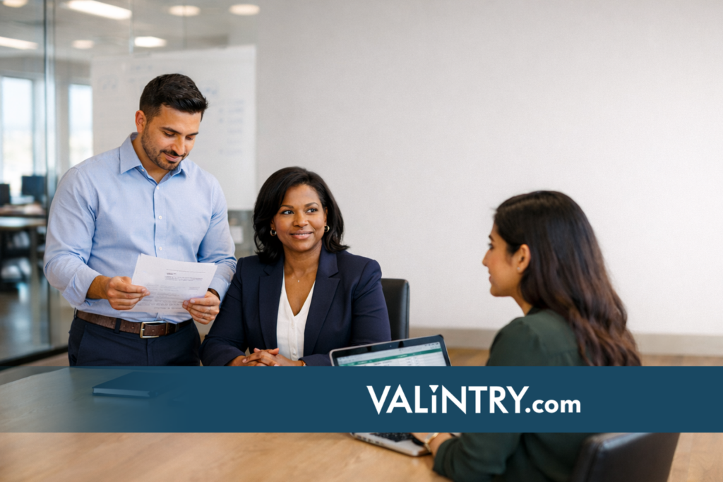 Diverse finance team reviewing financial analyst candidates with a recruiter from VALiNTRY, one of the best accounting placement agencies