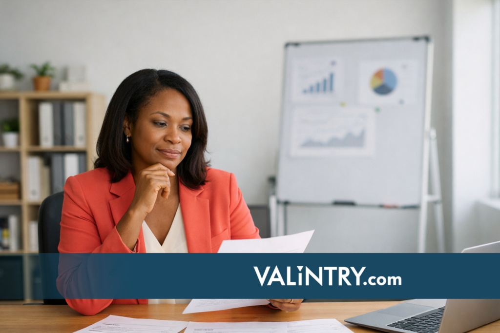 Hiring manager reviewing staff accountant resumes from VALiNTRY at office desk evaluating candidate qualifications