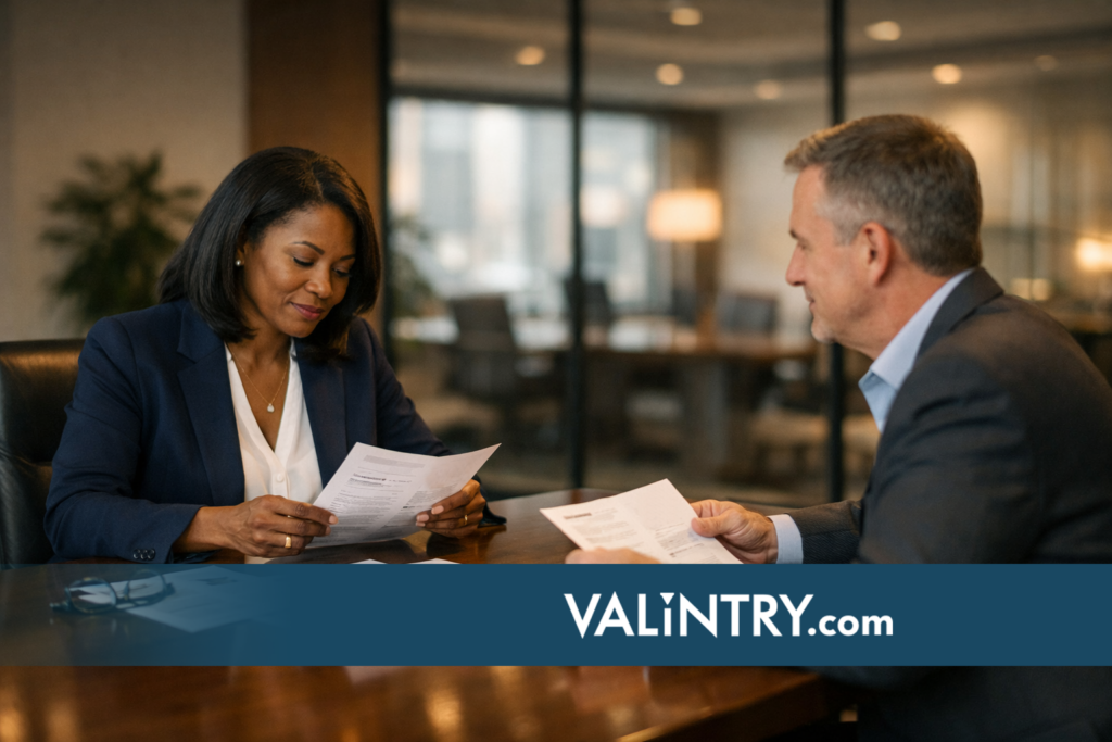 CFO reviewing candidate profiles with a finance recruiting specialist from VALiNTRY in her office