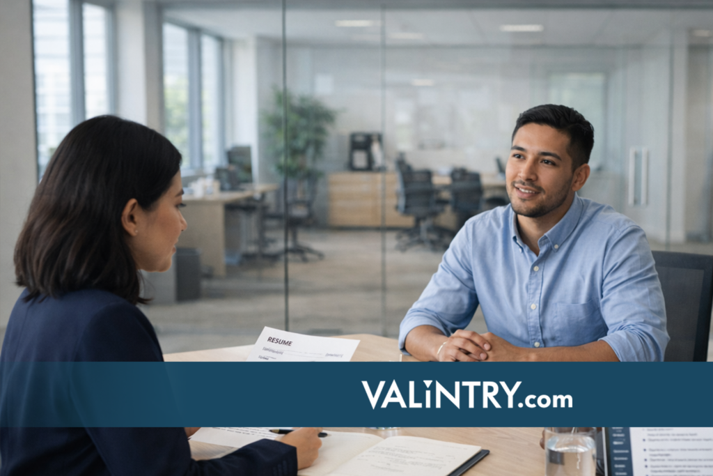 Diverse hiring panel conducting accounts payable clerk interview with candidate in modern professional office conference room