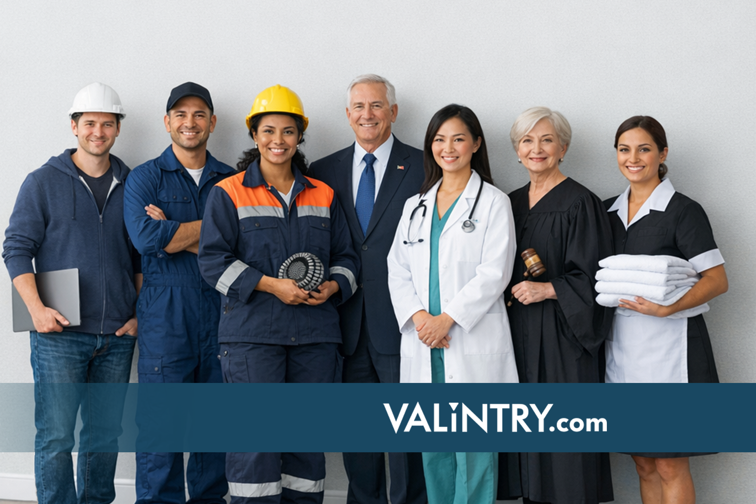 Diverse professionals from construction, healthcare, legal, and hospitality industries standing together in group portrait