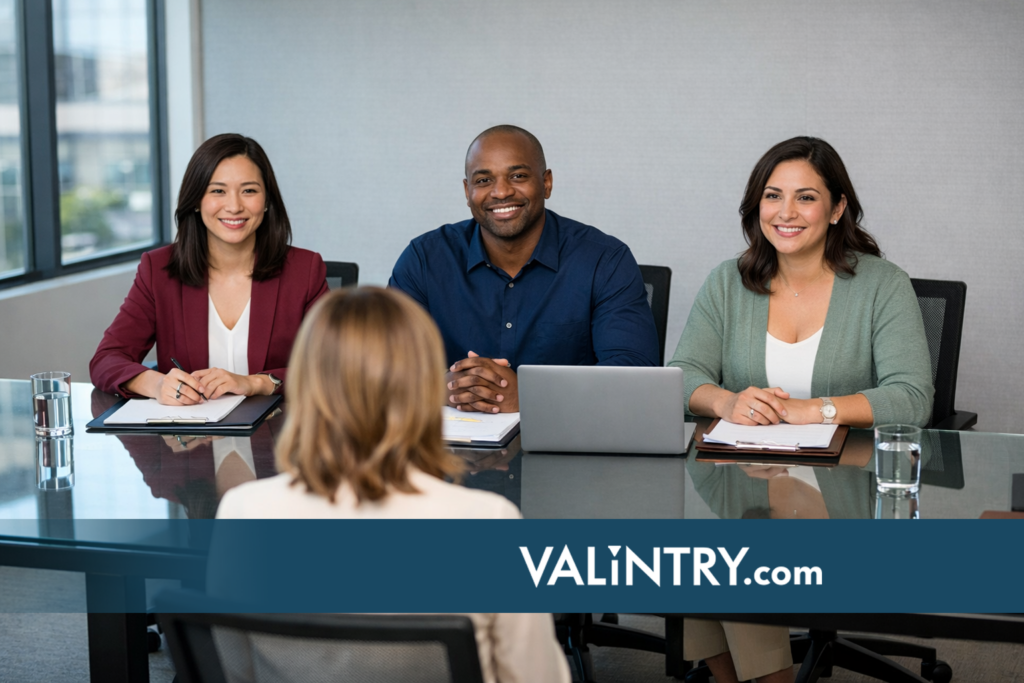 Hiring managers interviewing accountant assistant candidate across conference table to evaluate accounting assistant interview questions and qualifications