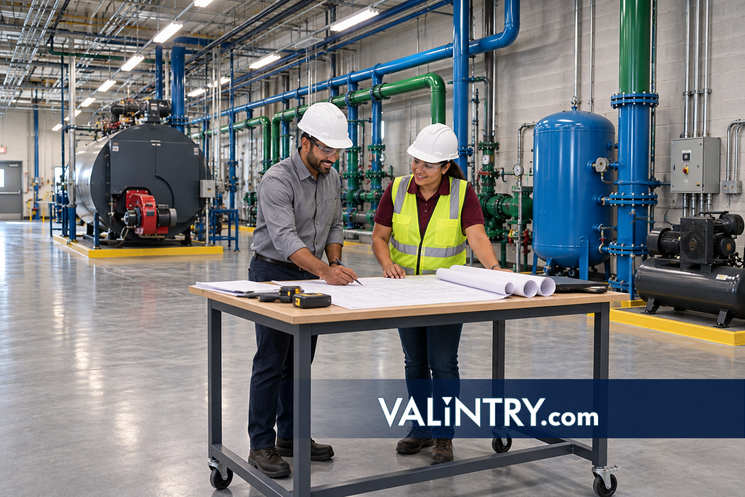 Engineer and contractor reviewing capital project drawings in a plant utility room
