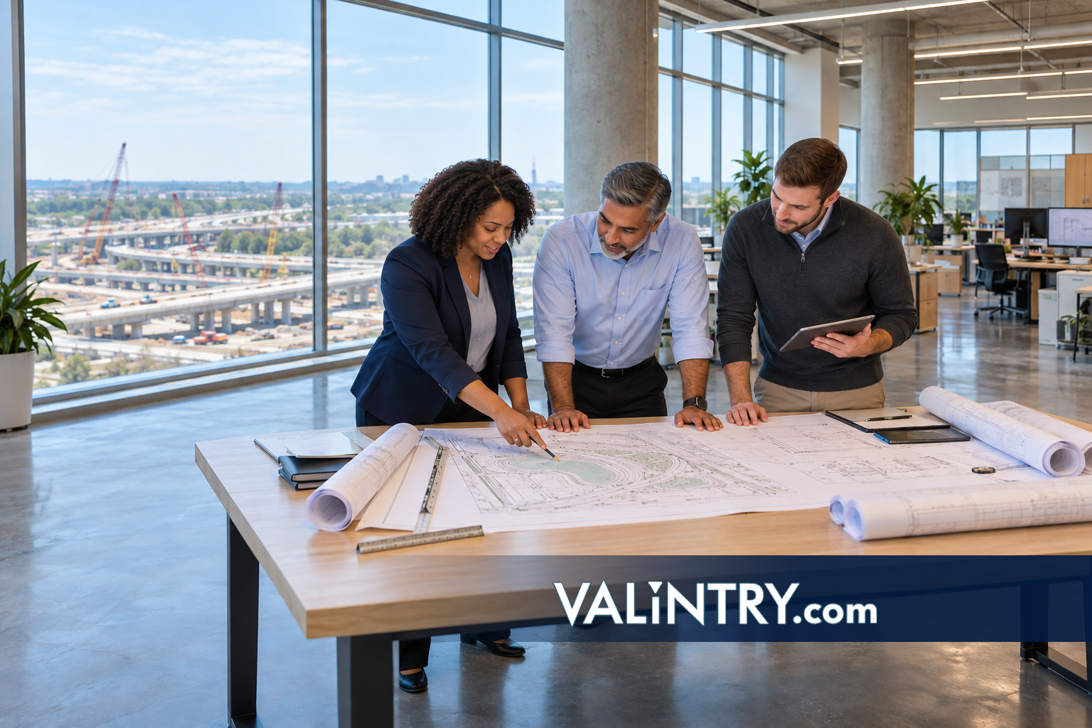 Civil engineers review site plans in a bright engineering firm office