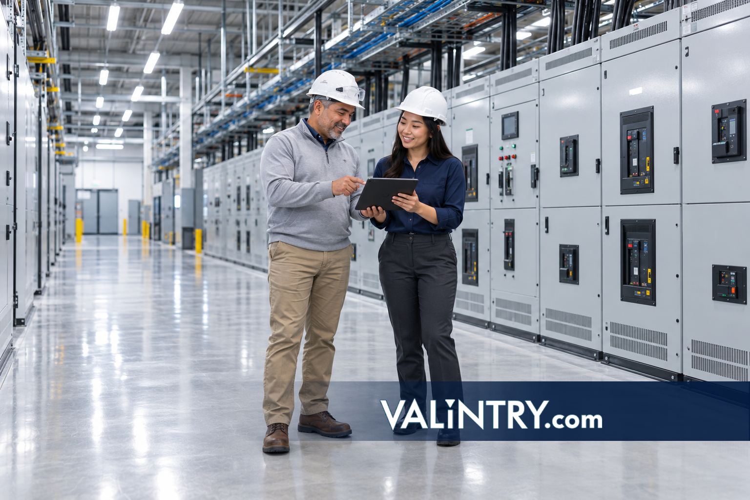 Two electrical engineers review a one-line diagram beside data center switchgear