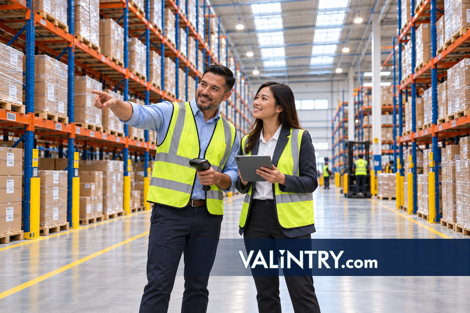 Industrial engineer and operations manager review pick-rate data in a warehouse aisle