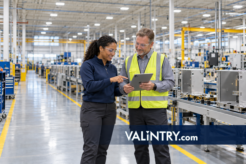 One of VALiNTRY's industrial engineering recruiters and plant supervisor review resumes on an iPad beside an assembly line