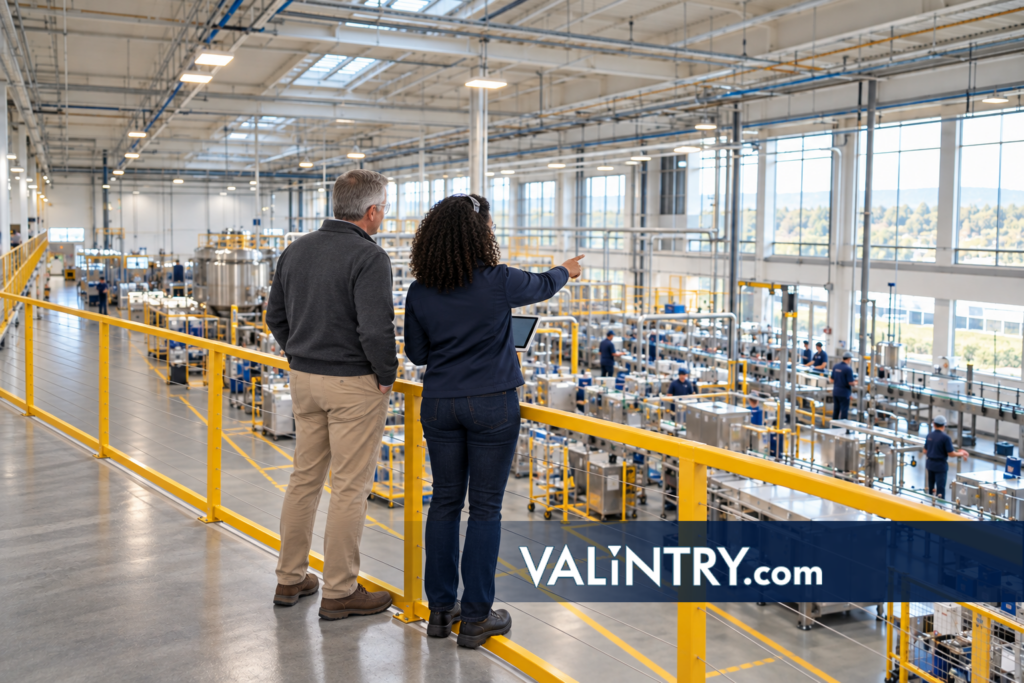 Plant engineer and plant manager reviewing production equipment from a mezzanine