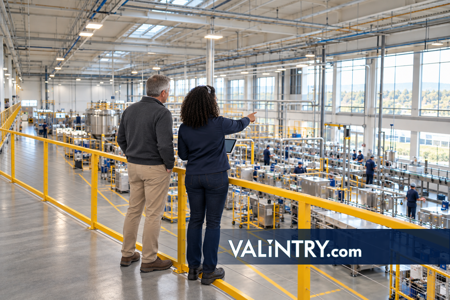 Plant engineer and plant manager reviewing production equipment from a mezzanine