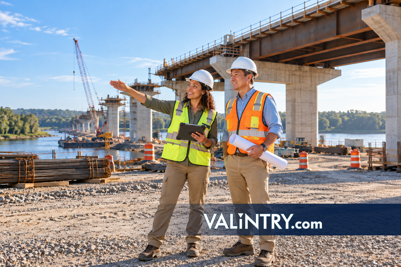Two civil engineers inspect a highway bridge under construction at sunrise