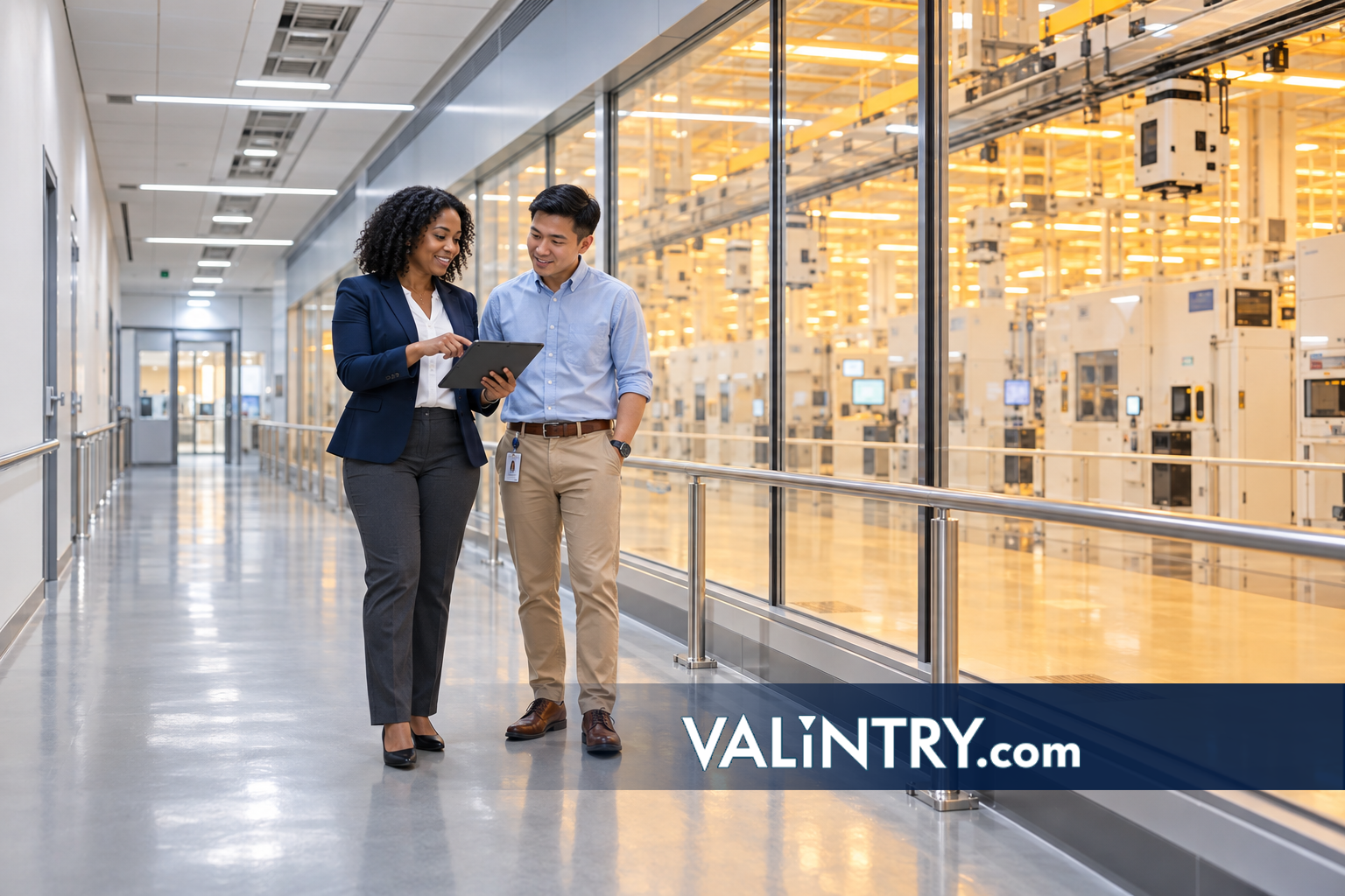 Hiring manager and process engineer talk beside a semiconductor cleanroom window