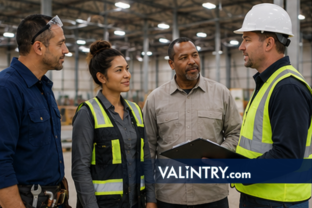 Team of data center trades workers meeting with a clipboard inside a warehouse facility