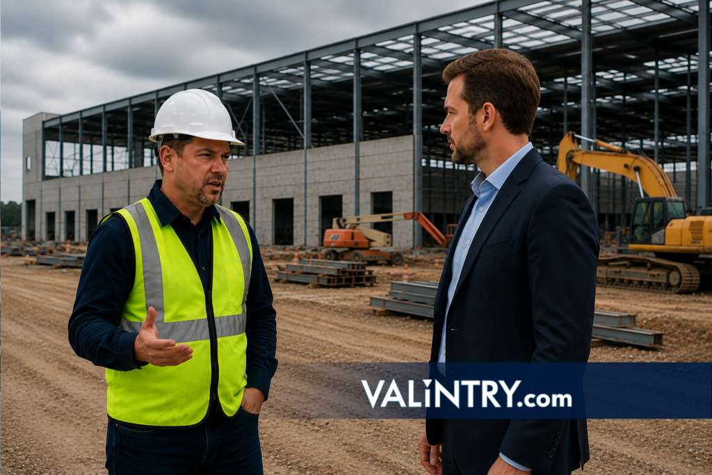 VALiNTRY skilled trades staffing expert talking with a hard-hatted trades worker at a data center job site