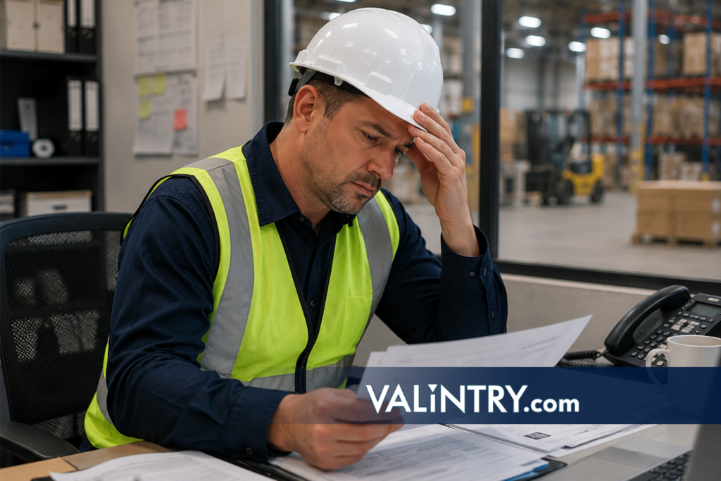 Construction supervisor reviewing staffing paperwork and looking frustrated in a data center construction office